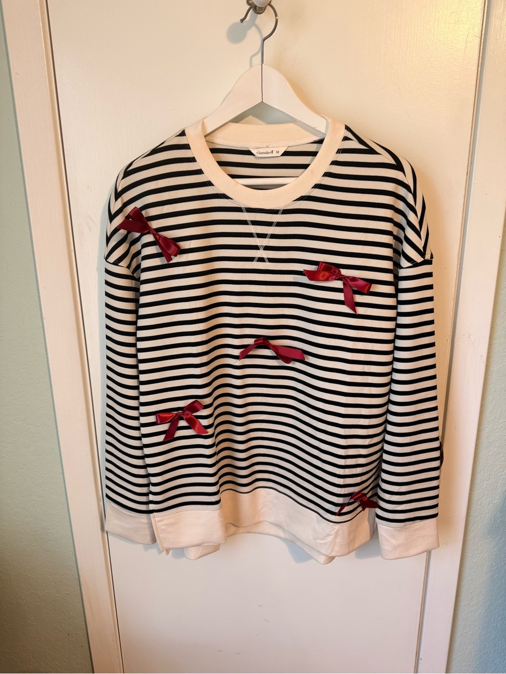 Striped Black & White Bow Accent Women's Sweater